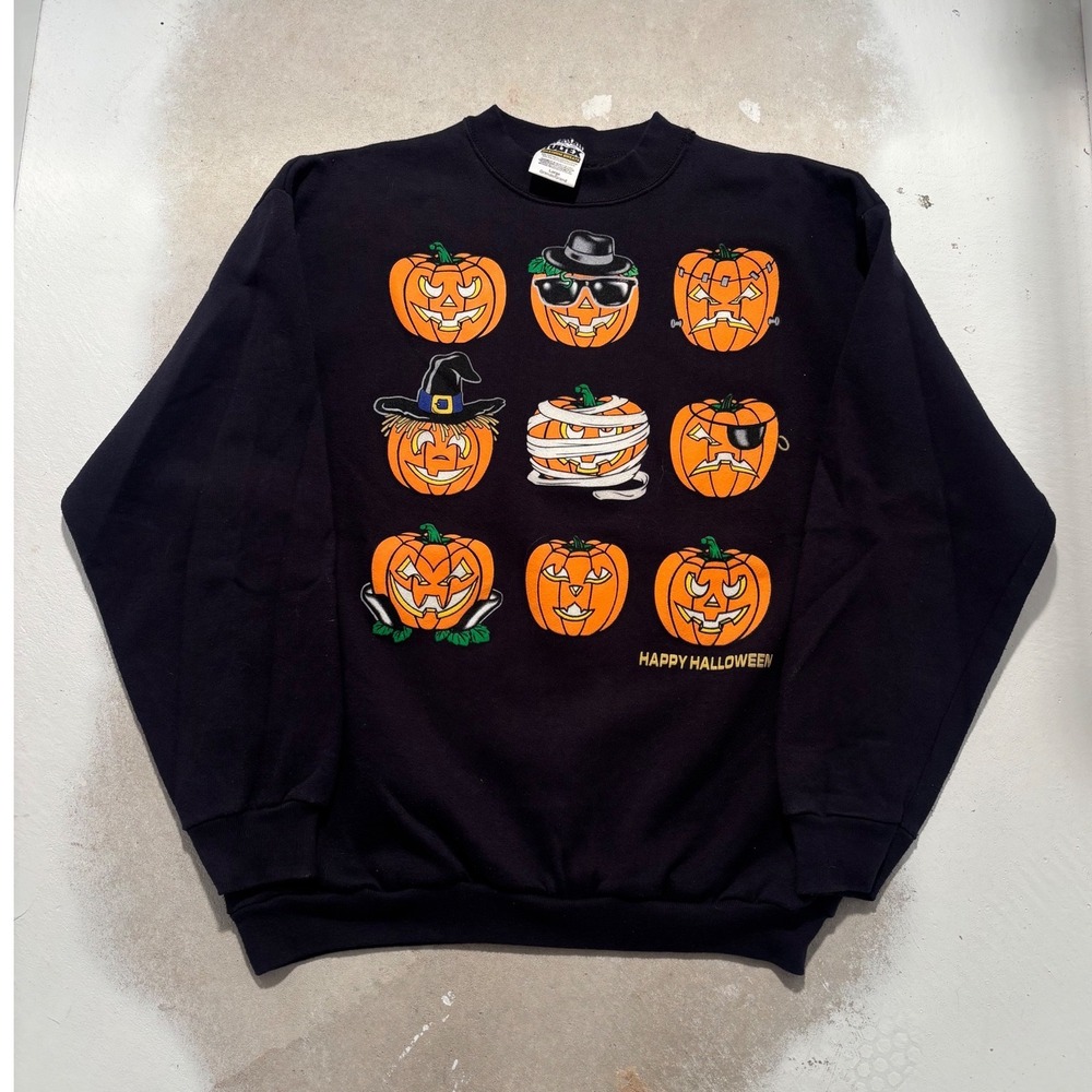 Vintage Tultex Maximum Sweats Halloween Pumpkin Graphic Sweatshirt Mens L Black